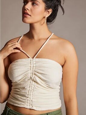 Pilcro Ruched Ribbed Halter In Cream Size S